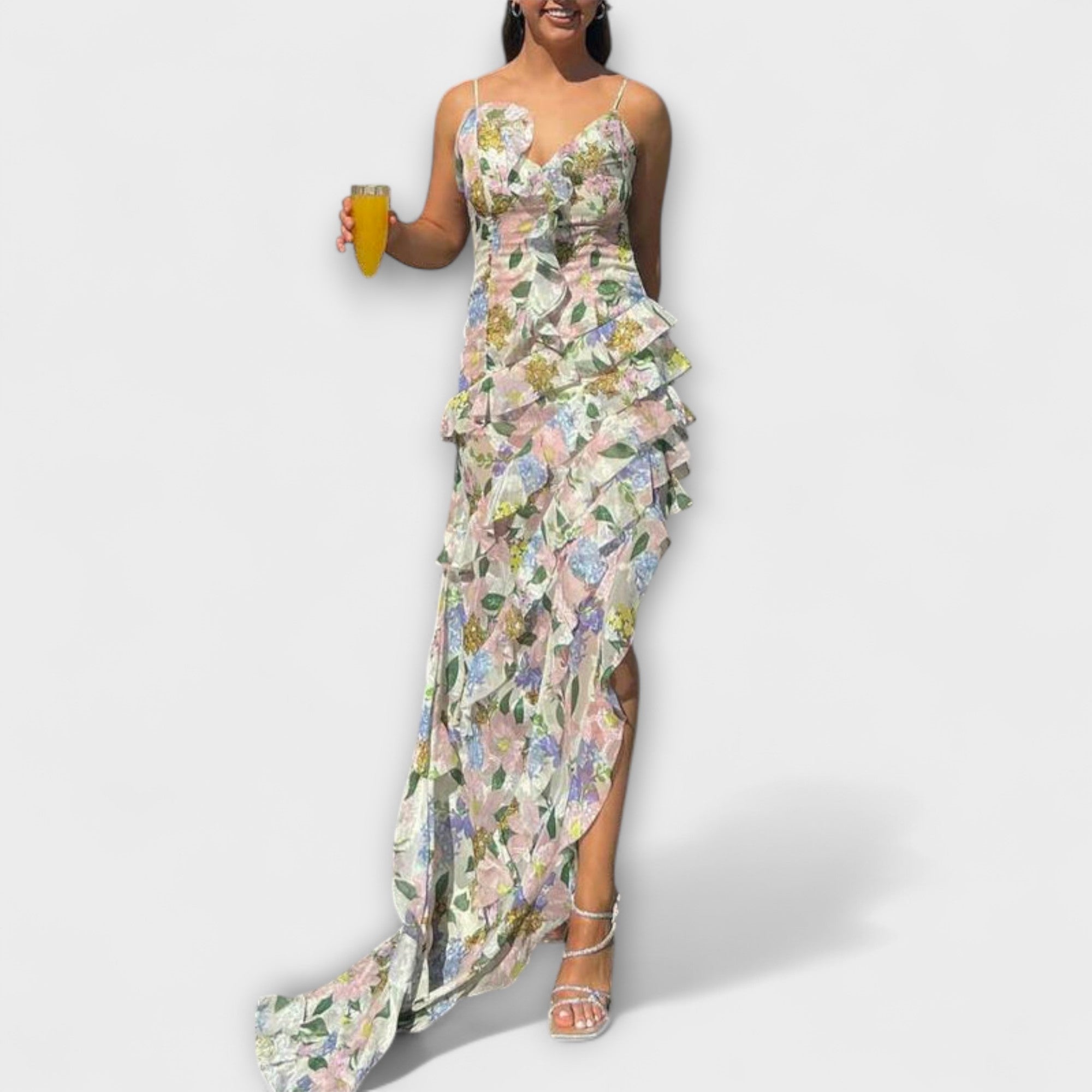 인디 - 스트랩 프린트 러플 드레스