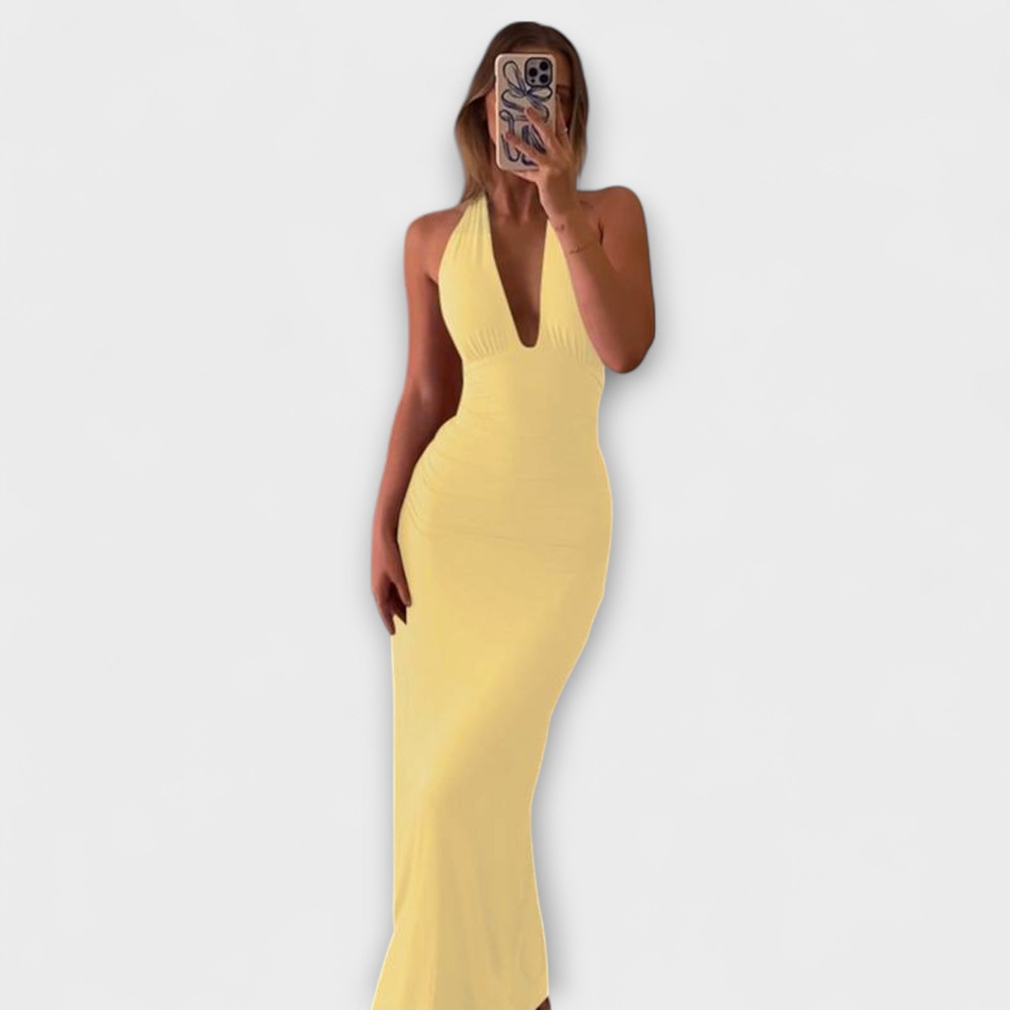 Wyrafinowana sukienka wieczorowa bez pleców z wiązaniem na szyi typu halter