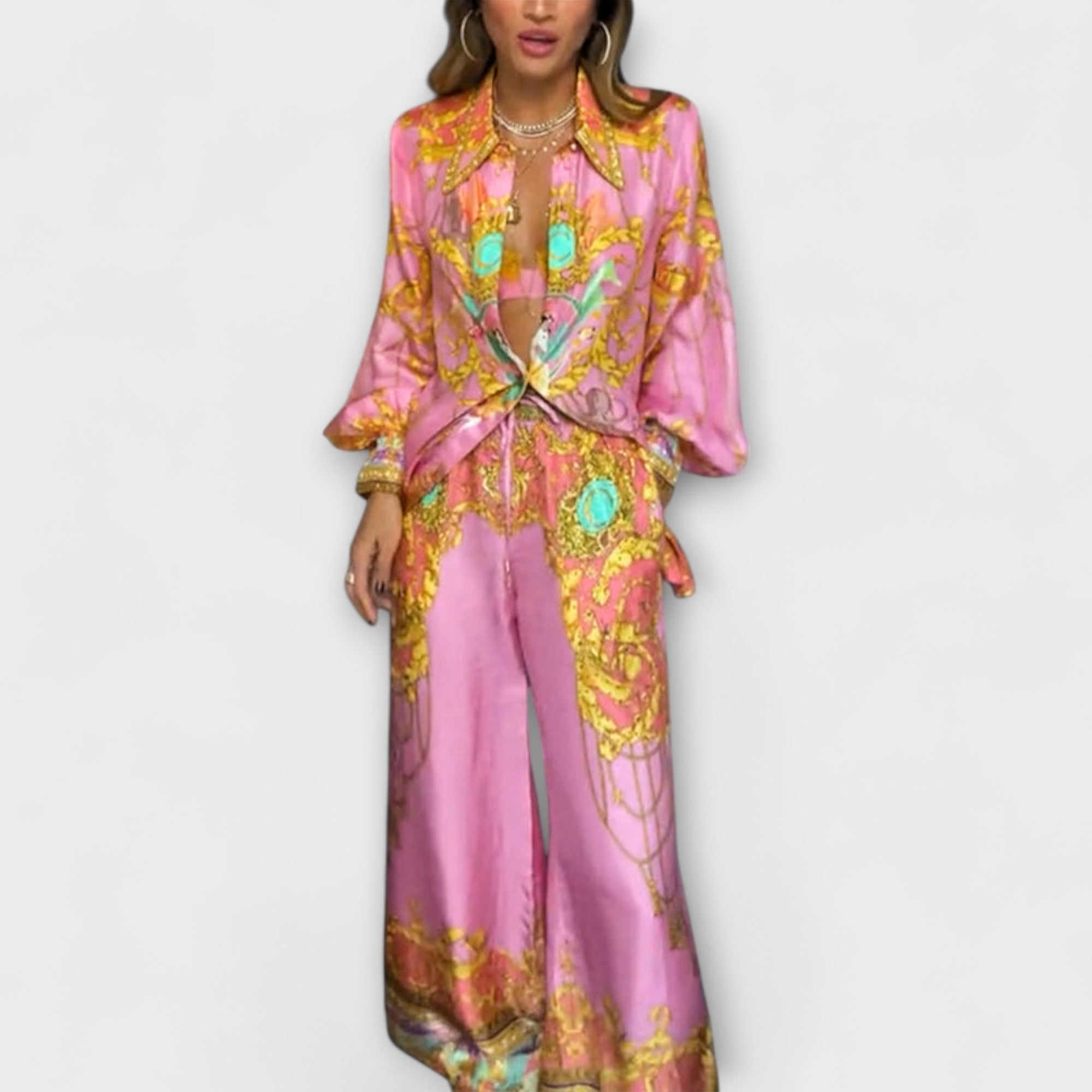 Sage - Mermaid Avslappnad Skjorta och Byxor med Elastisk Midja Set