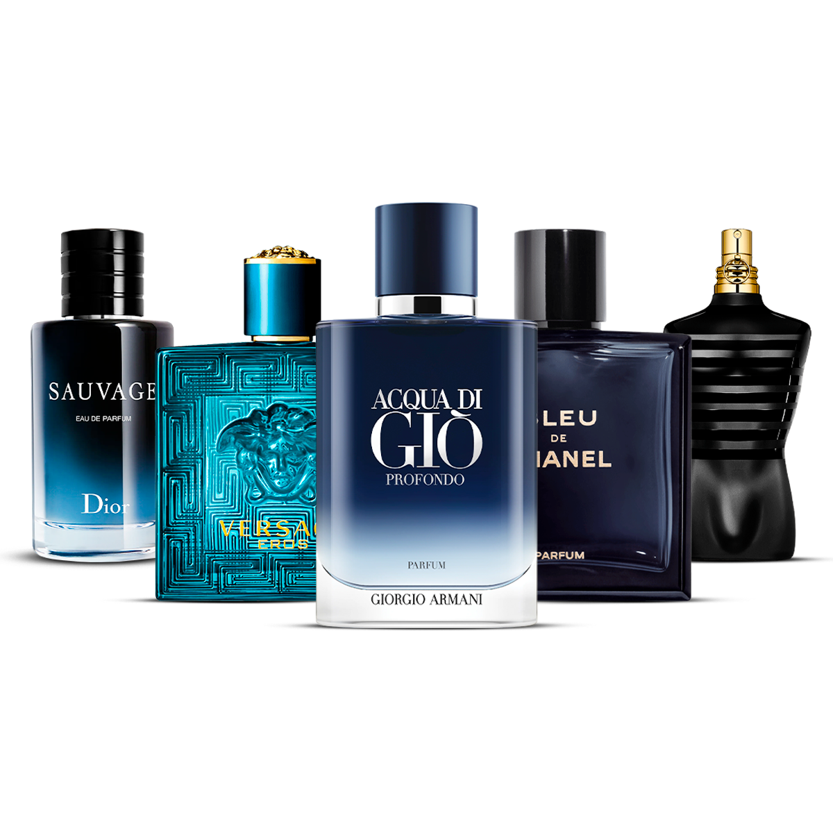 Kombination af 5 herredufte – Sauvage, Versace Eros, Acqua di Giò Profondo, Bleu de Chanel og Le Male [100 ml hver]