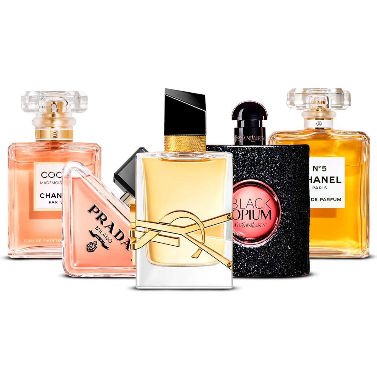 Zestaw 5 perfum damskich – Coco Mademoiselle, Prada Paradoxe, Libre, Black Opium i Chanel N°5 [100 ml każdy]