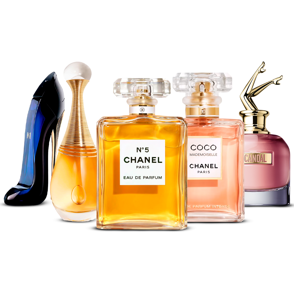 Kombination af 5 dameparfumer – Good Girl, J'adore, Chanel Nº5, Coco Mademoiselle og Scandal [100 ml hver]