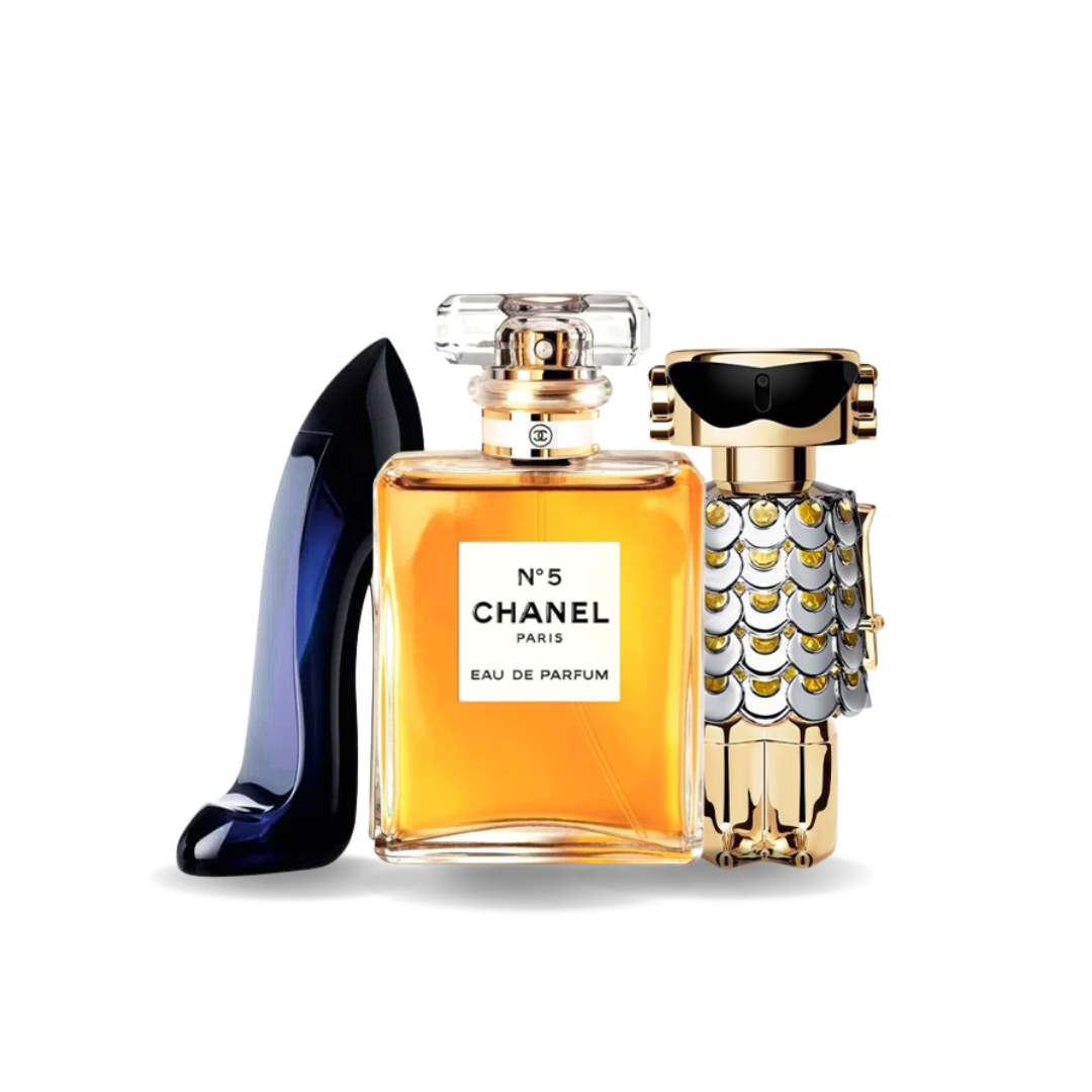 Combinação de 3 Fragrâncias – Good Girl de Carolina Herrera, Nº5 de Chanel e Fame de Paco Rabanne