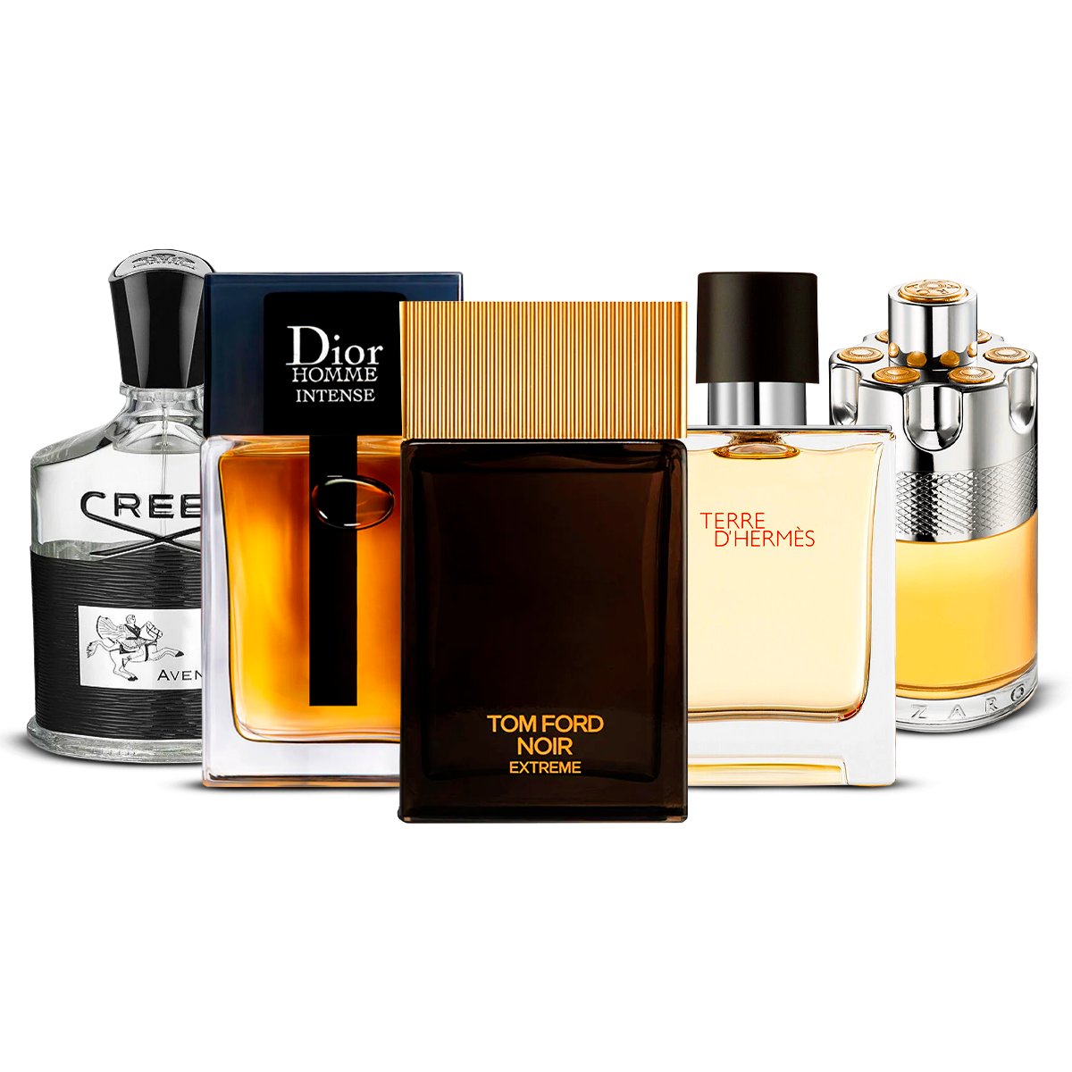 Kombination af 5 herredufte – Creed Aventus, Dior Homme Intense, Tom Ford Noir Extrême, Terre d'Hermès og Azzaro Wanted [100 ml hver]