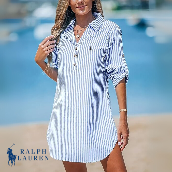 R. Ꮮаᴜгеn Vestido Camisa Clássico às Riscas