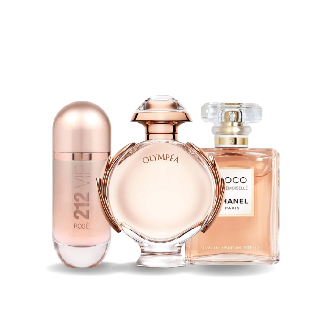 Combo de 3 fragancias – 212 VIP Rosé de Carolina Herrera, Olympéa de Paco Rabanne y Coco Mademoiselle de Chanel [100 ml cada una]