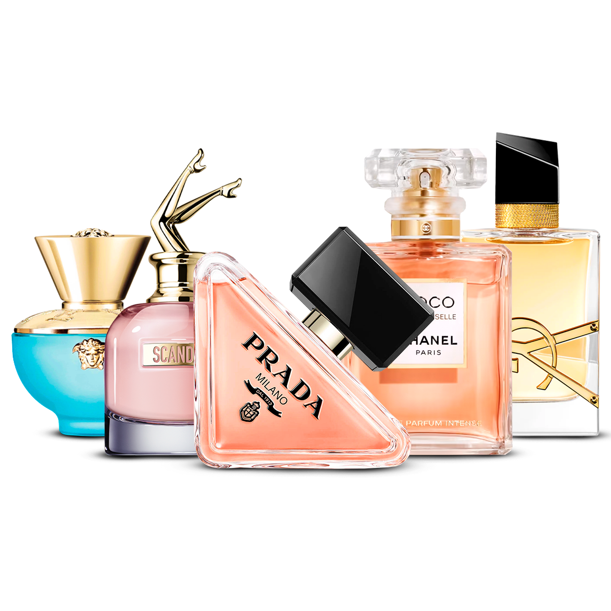 Zestaw 5 perfum damskich – Versace Dylan Turquoise, Scandal, Prada Paradoxe, Coco Mademoiselle i Yves Saint Laurent Libre [100 ml każdy]