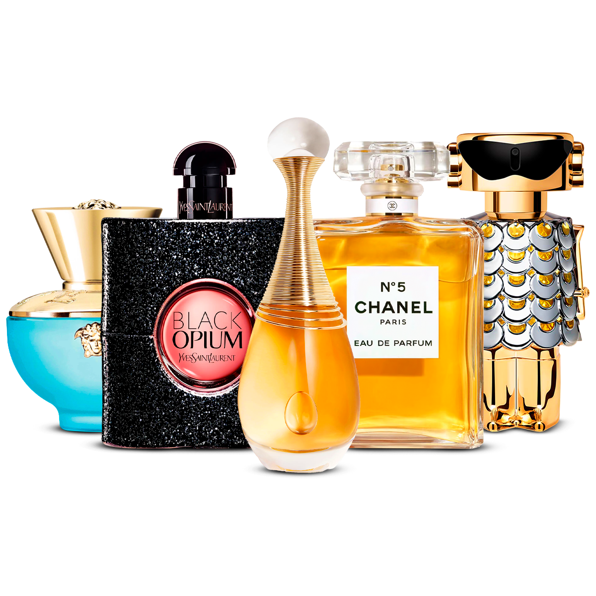 Zestaw 5 perfum damskich – Versace Dylan Turquoise, Black Opium, J'adore, Chanel Nº5 i Fame [100 ml każdy]
