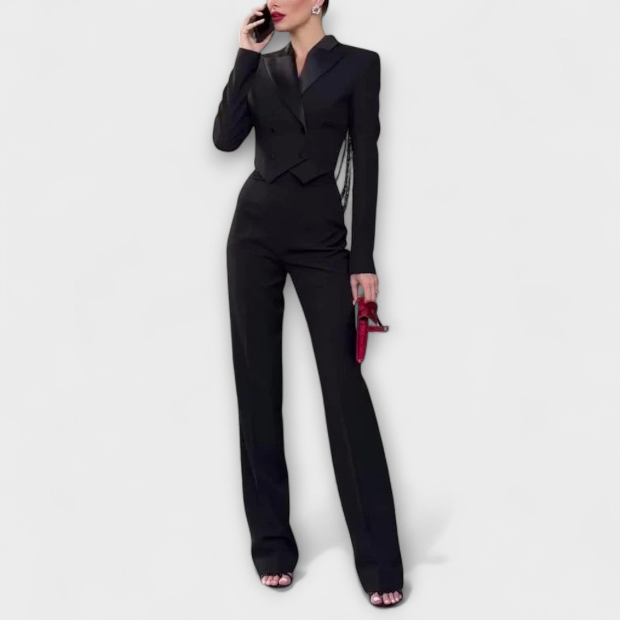 Noa - Conjunto de Blazer Curto Preto com Pérolas e Costas Descobertas