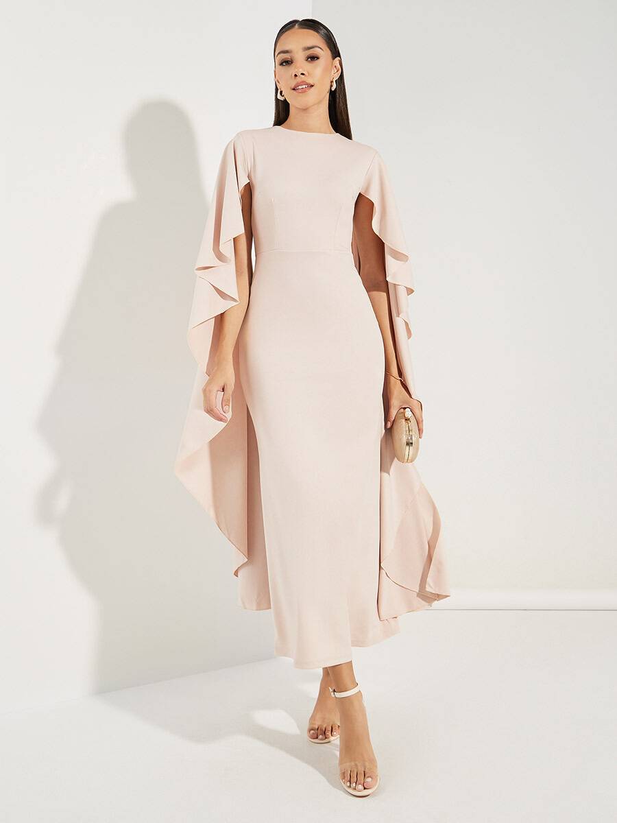 Rachel - Robe midi rose clair avec col en V et manches en chiffon