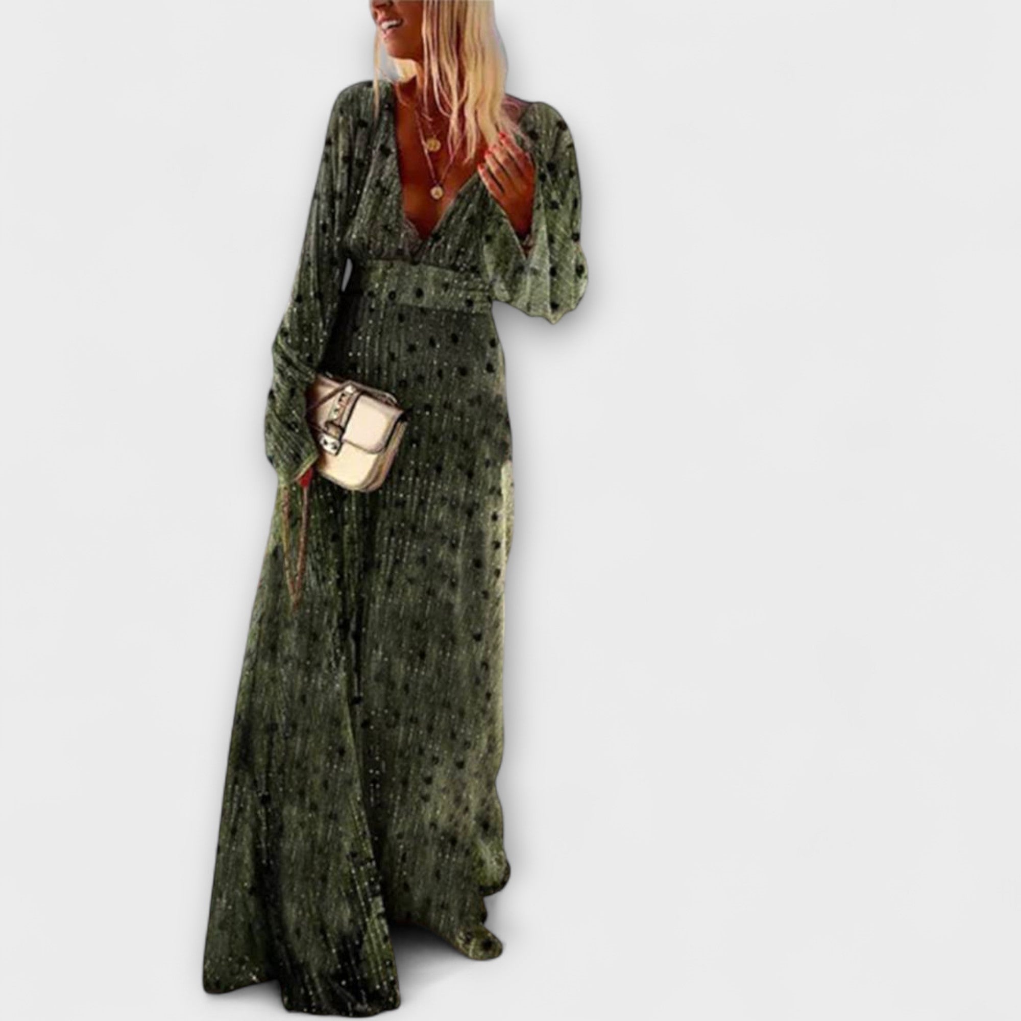 Elegant lang kjole med polkaprikket mønster