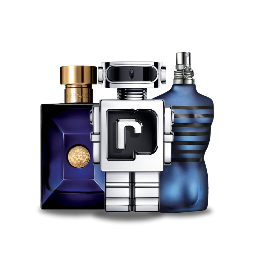 Combinação de 3 Fragrâncias – Dylan Blue da Versace, Phantom da Paco Rabanne e Ultra Male do Jean Paul Gaultier