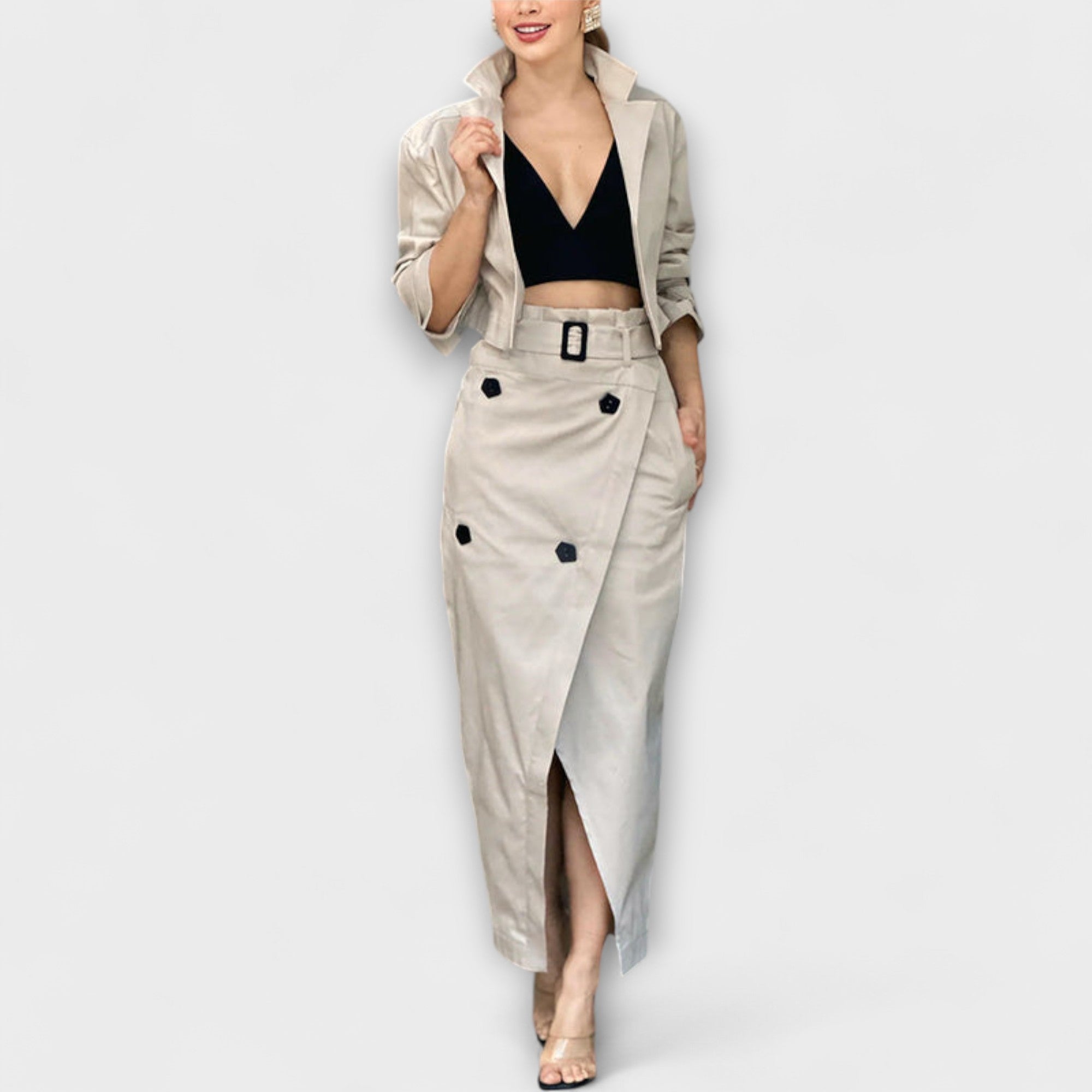 Lyra - Elegancka midi spódnica z kieszeniami i żakietem