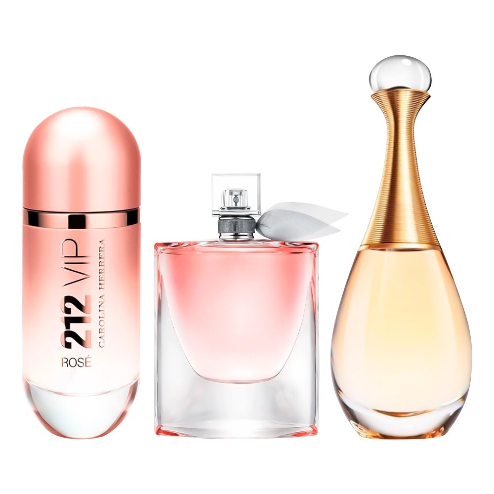 Combo de 3 fragancias para mujer – 212 VIP Rosé, La Vie Est Belle y J'adore [100 ml cada una]