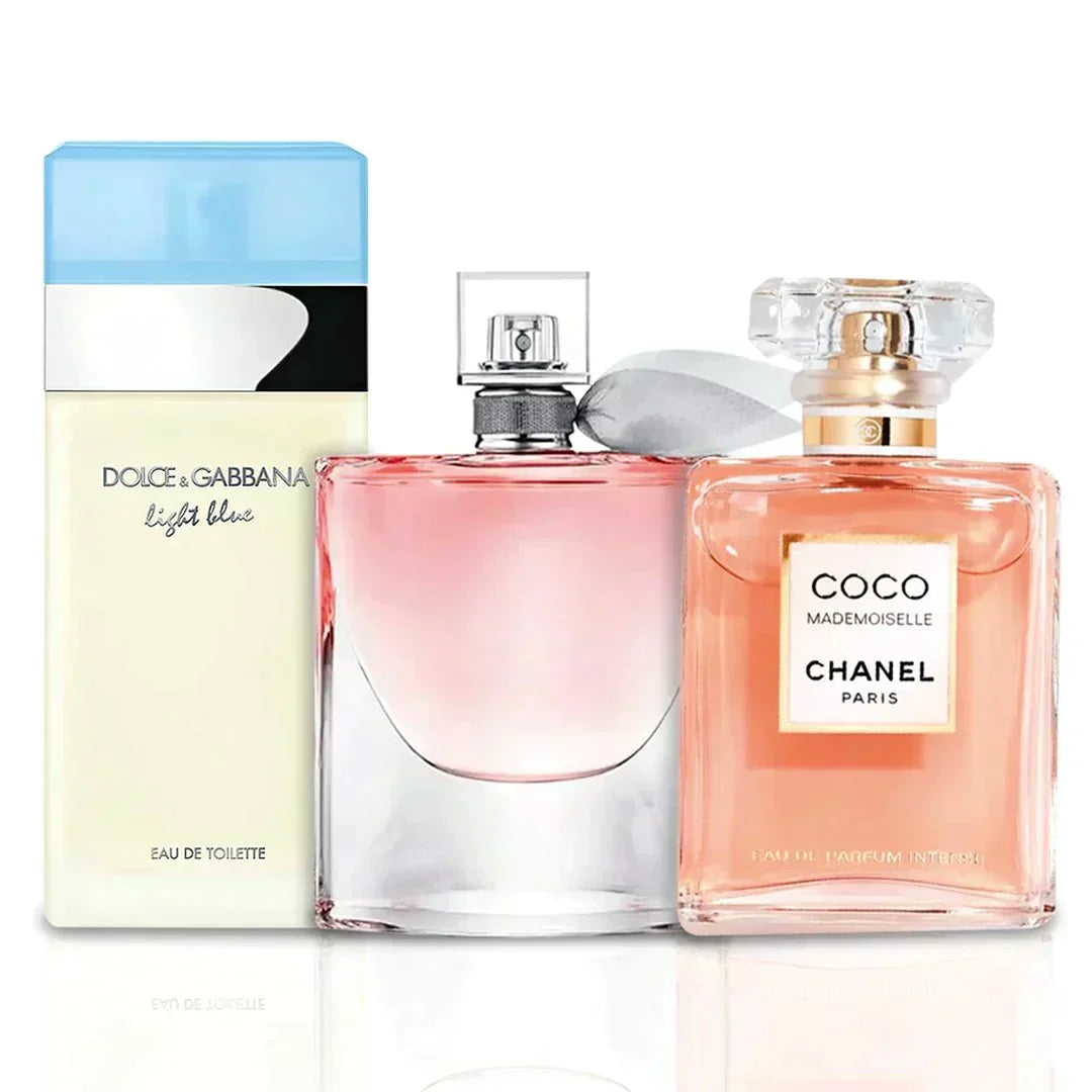 Combo de 3 fragancias para mujer – La Vie Est Belle, Mademoiselle y Light Blue [100 ml cada una]