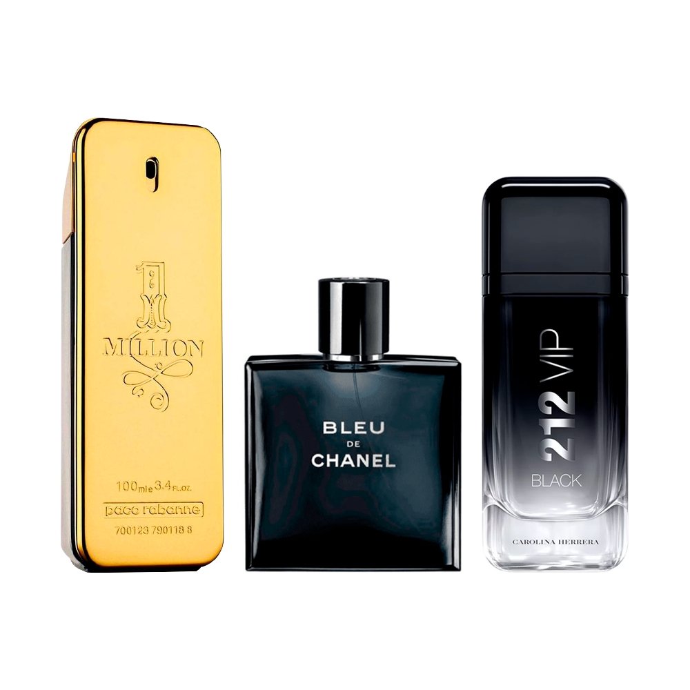 Combo de 3 fragancias para hombre – 1 Million, Bleu de Chanel y 212 VIP Black [100 ml cada uno]