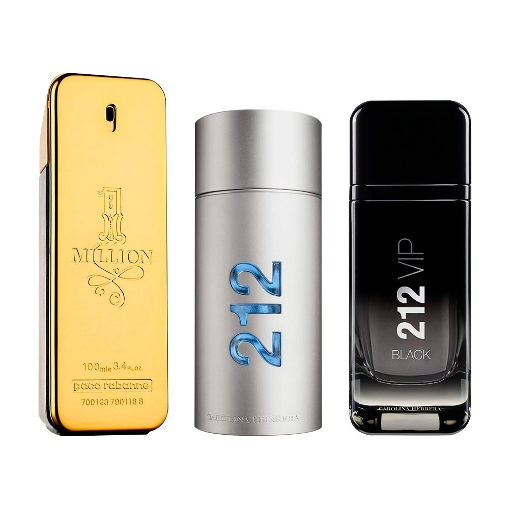 Combo de 3 fragancias para hombre – 1 Million, 212 MEN y 212 Black [100 ml cada una]