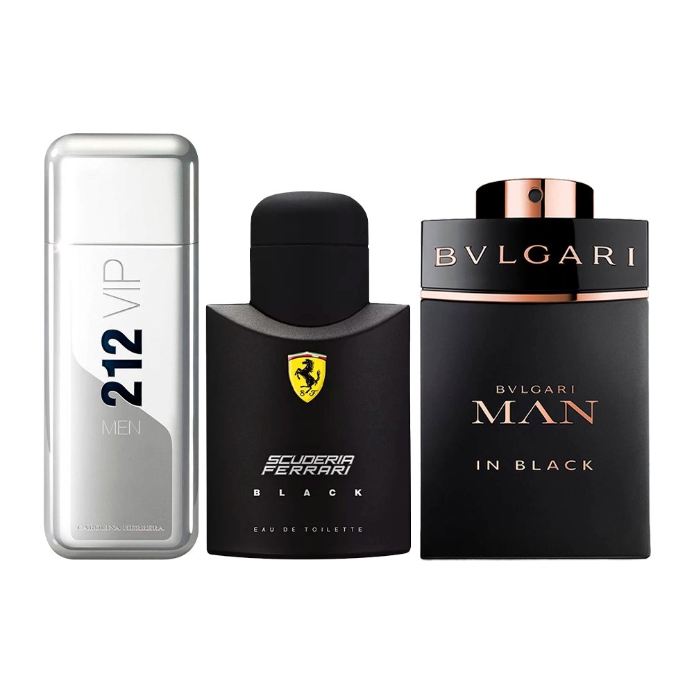 Combo de 3 fragancias para hombre – 212 VIP, Ferrari Black y Bvlgari In Black [100 ml cada una]