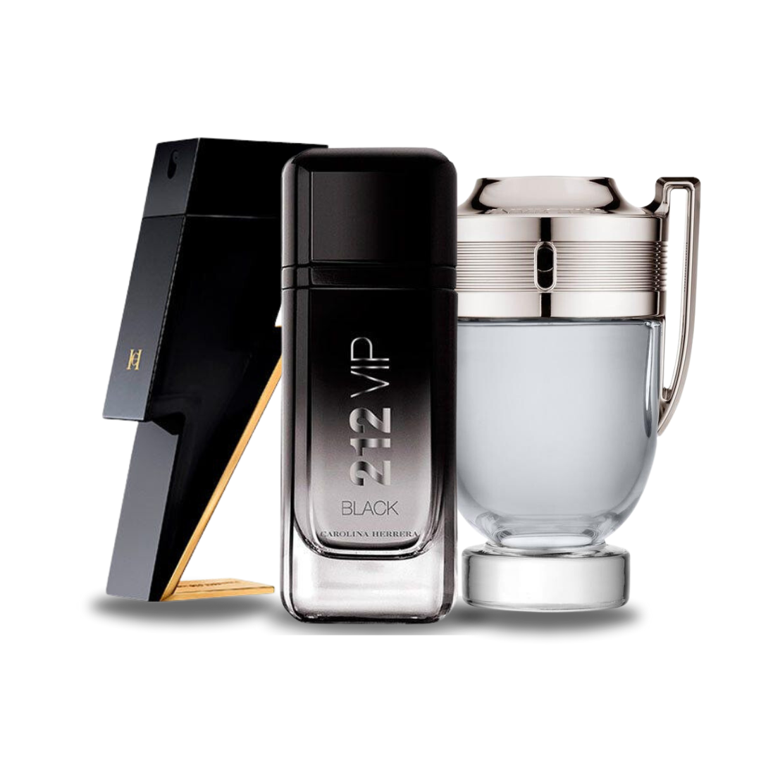 Combo de 3 fragancias – Bad Boy de Carolina Herrera, 212 VIP Black de Carolina Herrera e Invictus de Paco Rabanne [100 ml cada uno]